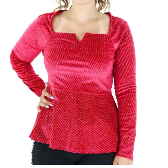 New!! - Women's RED Metallic Velvet Peplum Blouse - Size M - Picture 1 of 9